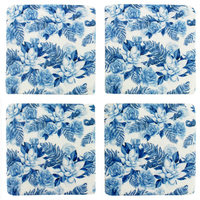 Set 4 Blue Floral Resin Coasters 10cm